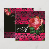 MOOIE ROZE ROOS FUCHSIA ZWARTE DAMAST MONOGRAM KAART (Voorkant / Achterkant)