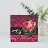MOOIE ROZE ROOS FUCHSIA ZWARTE DAMAST MONOGRAM KAART (Staand voorkant)
