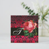MOOIE ROZE ROOS FUCHSIA ZWARTE DAMAST MONOGRAM KAART (Staand voorkant)