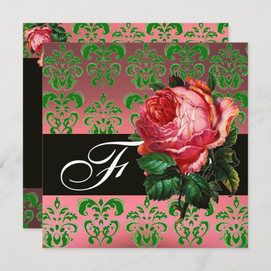 MOOIE ROZE ROOS GROENE ZWARTE DAMAST MONOGRAM KAART (Voorkant / Achterkant)
