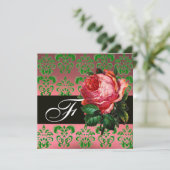 MOOIE ROZE ROOS GROENE ZWARTE DAMAST MONOGRAM KAART (Staand voorkant)