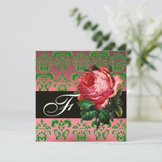 MOOIE ROZE ROOS GROENE ZWARTE DAMAST MONOGRAM KAART (Staand voorkant)