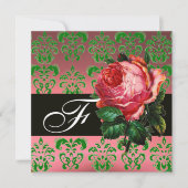 MOOIE ROZE ROOS GROENE ZWARTE DAMAST MONOGRAM KAART (Voorkant)
