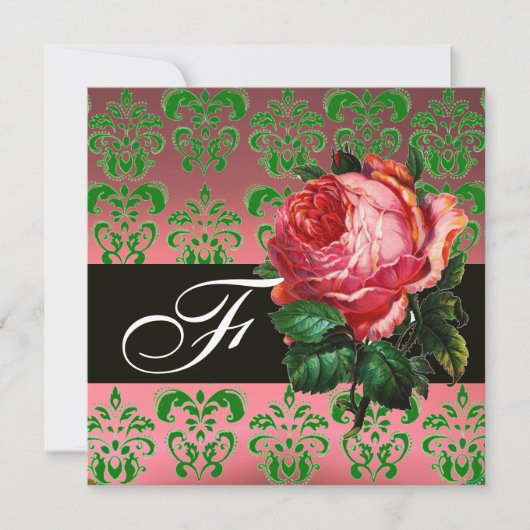 MOOIE ROZE ROOS GROENE ZWARTE DAMAST MONOGRAM KAART (Voorkant)