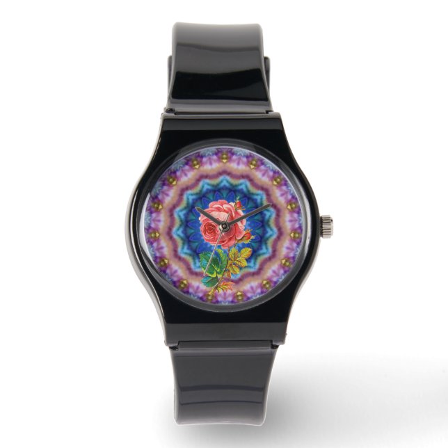 MOOIE ROZE ROOS IN PSYCHEDELISCHE KRINGEN HORLOGE (Voorkant)