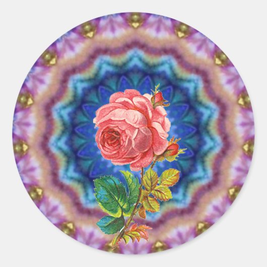 MOOIE ROZE ROOS IN PSYCHEDELISCHE KRINGEN RONDE STICKER (Voorkant)