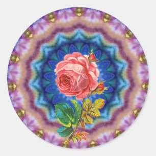 MOOIE ROZE ROOS IN PSYCHEDELISCHE KRINGEN RONDE STICKER