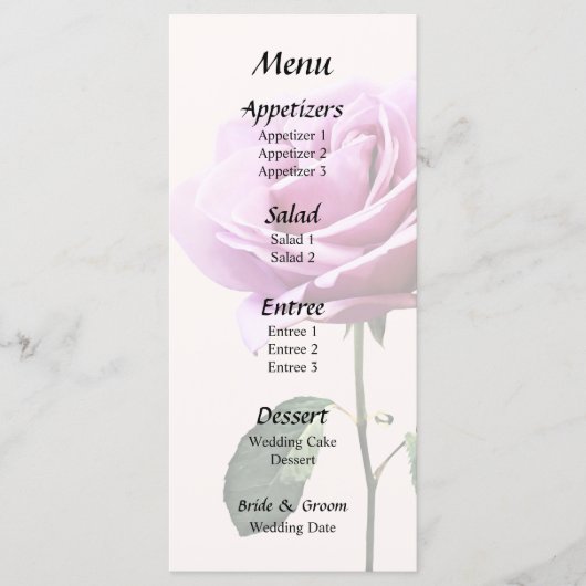 Mooie roze roos met bladeren bruiloft menu (Voorkant)