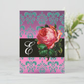 MOOIE ROZE ROOS SERING BLauw DAMAST MONOGRAM Kaart (Staand voorkant)
