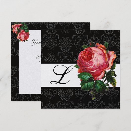 MOOIE ROZE ROOS ZWART WIT DAMASK MONOGRAM KAART (Voorkant / Achterkant)