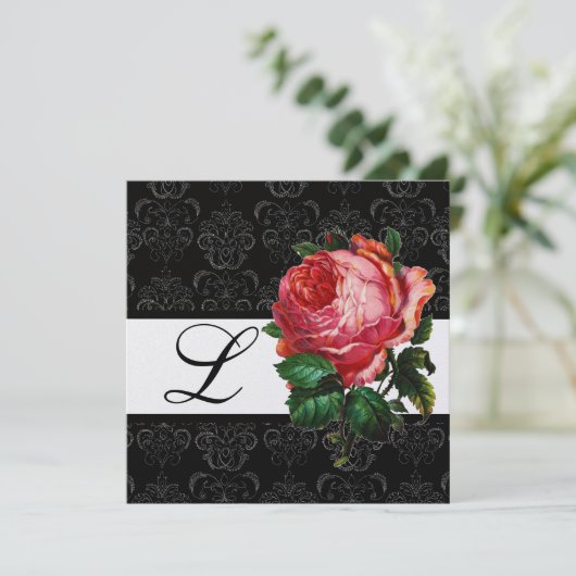MOOIE ROZE ROOS ZWART WIT DAMASK MONOGRAM KAART (Staand voorkant)