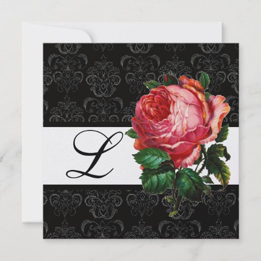 MOOIE ROZE ROOS ZWART WIT DAMASK MONOGRAM KAART (Voorkant)