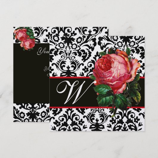 MOOIE ROZE ROOS  ZWART WIT  DAMASK MONOGRAM KAART (Voorkant / Achterkant)