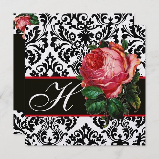 MOOIE ROZE ROOS  ZWART WIT  DAMASK MONOGRAM KAART (Voorkant / Achterkant)
