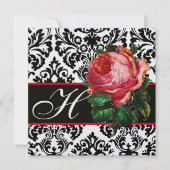 MOOIE ROZE ROOS  ZWART WIT  DAMASK MONOGRAM KAART (Voorkant)