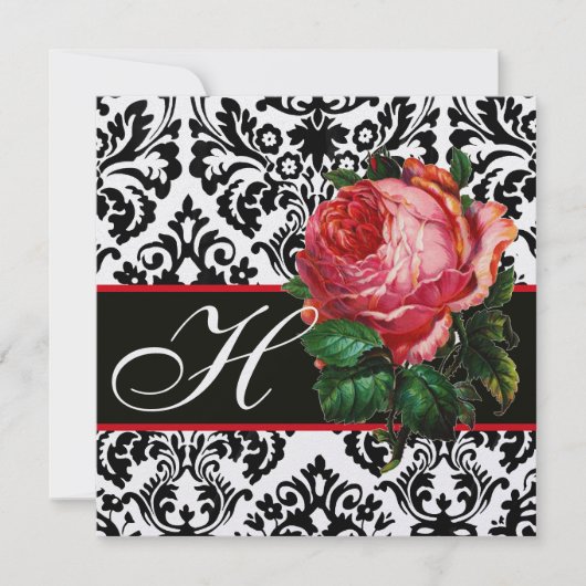 MOOIE ROZE ROOS  ZWART WIT  DAMASK MONOGRAM KAART (Voorkant)