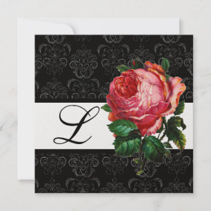 MOOIE ROZE ROOS  ZWART WIT  DAMAST MONOGRAM KAART