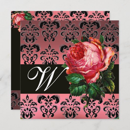 MOOIE ROZE ROOS  ZWART WIT  DAMAST MONOGRAM KAART (Voorkant / Achterkant)