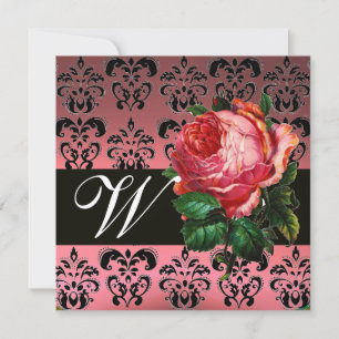 MOOIE ROZE ROOS  ZWART WIT  DAMAST MONOGRAM KAART