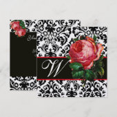 MOOIE ROZE ROOS ZWART WIT DAMAST MONOGRAM KAART (Voorkant / Achterkant)
