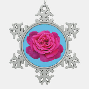 Mooie roze roze roos tin sneeuwvlok ornament