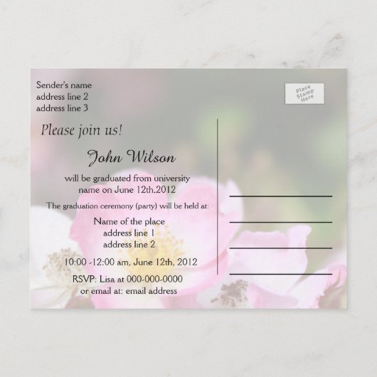 mooie roze roze roze roze roodbloemen afgestudeerd uitnodiging briefkaart (Achterkant)