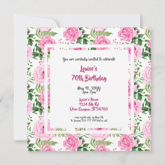 Mooie roze rozen 70e verjaardag uitnodiging (Achterkant)