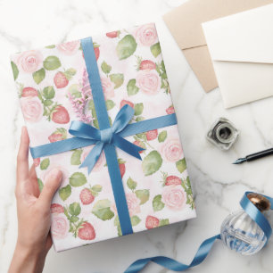Mooie Roze Rozen Aardbeien Verjaardag Cadeaupapier