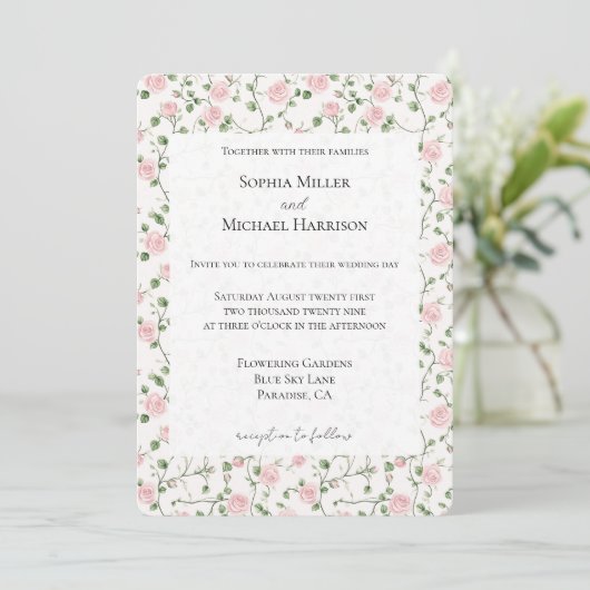 Mooie Roze Rozen Bloemen Bruiloft Kaart (Staand voorkant)