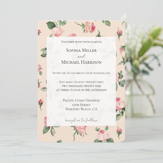 Mooie Roze Rozen Bloemen Bruiloft Kaart (Staand voorkant)