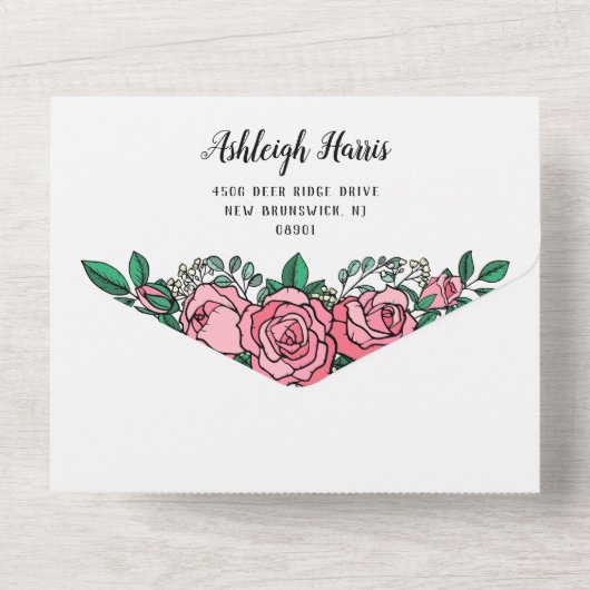 Mooie roze rozen bloemenbruiloft all in one uitnodiging (Achterkant)