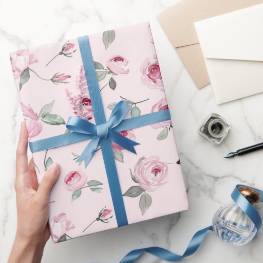 Mooie Roze Rozen Bloemige Bruiloft Cadeaupapier (Geschenken)
