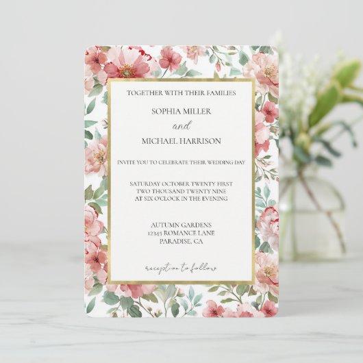 Mooie Roze Rozen Bloemige Bruiloft Kaart (Staand voorkant)