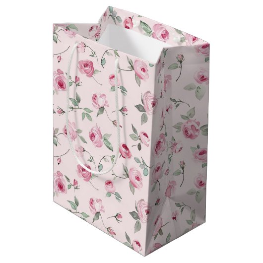 Mooie Roze Rozen Bloemrijke Bruidsdouche Medium Cadeauzakje (Achterkant Gekanteld)