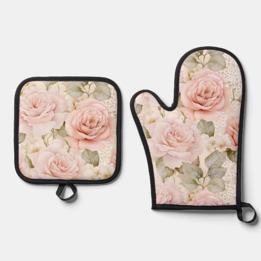 Mooie Roze Rozen Bloemrijke Bruidsdouche Ovenwant & Pannenlap Set (Voorkant)