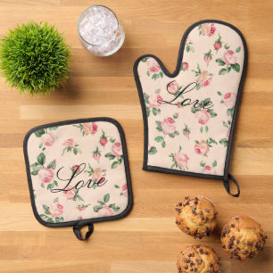 Mooie Roze Rozen Bloemstuk Bruiloft Ovenwant & Pannenlap Set
