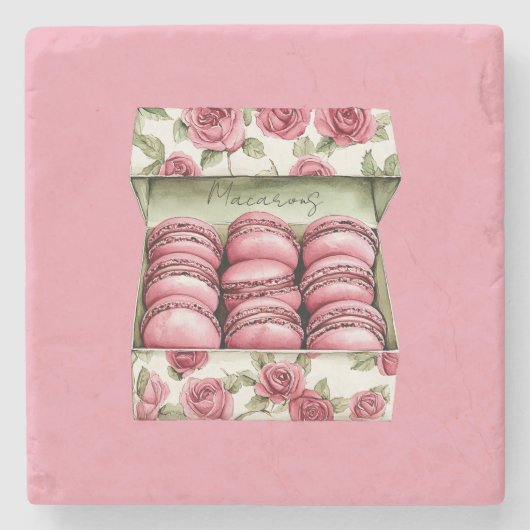Mooie Roze Rozen Doos Macarons Stenen Onderzetter (Voorkant)