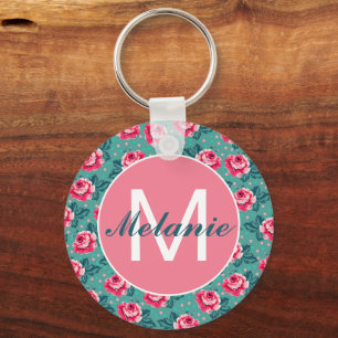 Mooie Roze Rozen en Stippen op Teal Persoonlijk Sleutelhanger