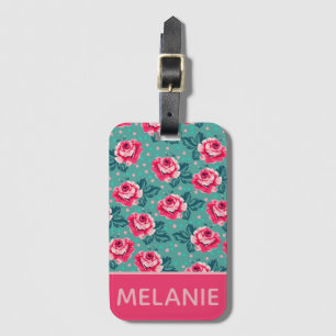 Mooie Roze Rozen en Stippenpatroon op Teal Bagagelabel