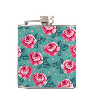 Mooie Roze Rozen en Stippenpatroon op Teal Heupfles
