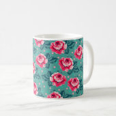 Mooie Roze Rozen en Stippenpatroon op Teal Koffiemok (Voorkant rechts)