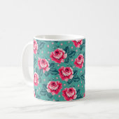 Mooie Roze Rozen en Stippenpatroon op Teal Koffiemok (Voorkant links)