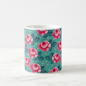 Mooie Roze Rozen en Stippenpatroon op Teal Koffiemok (Center)