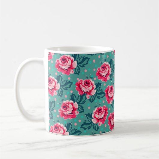 Mooie Roze Rozen en Stippenpatroon op Teal Koffiemok (Links)