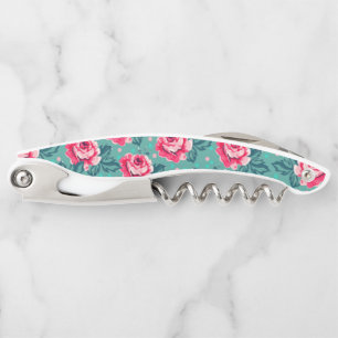Mooie Roze Rozen en Stippenpatroon op Teal Kurkentrekker