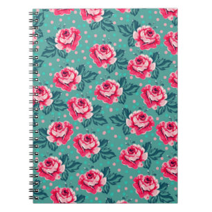 Mooie Roze Rozen en Stippenpatroon op Teal Notitieboek