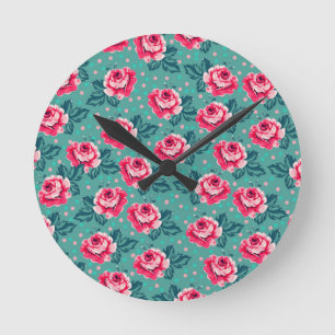 Mooie Roze Rozen en Stippenpatroon op Teal Ronde Klok