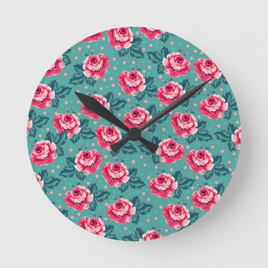 Mooie Roze Rozen en Stippenpatroon op Teal Ronde Klok (Voorkant)