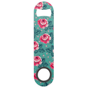 Mooie Roze Rozen en Stippenpatroon op Teal Speed Flessenopener