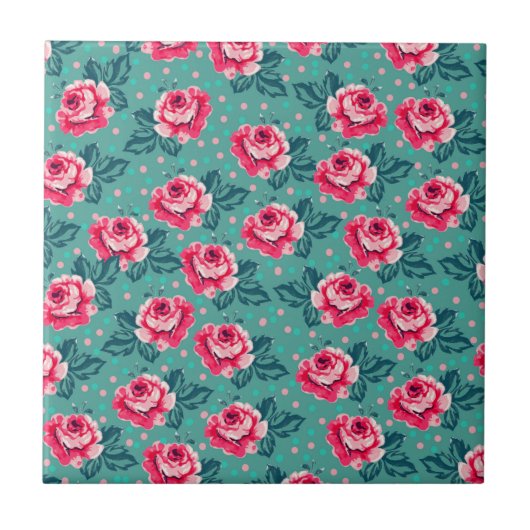 Mooie Roze Rozen en Stippenpatroon op Teal Tegeltje (Voorkant)